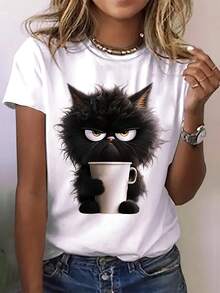 Camiseta de manga corta con cuello redondo y estampado vibrante de arte pop de gato - Tejido de punto de poliéster suave y de elasticidad media, longitud regular, top casual de verano para mujer - Perfecto para salidas de primavera y verano. - Blanco - Ver 4