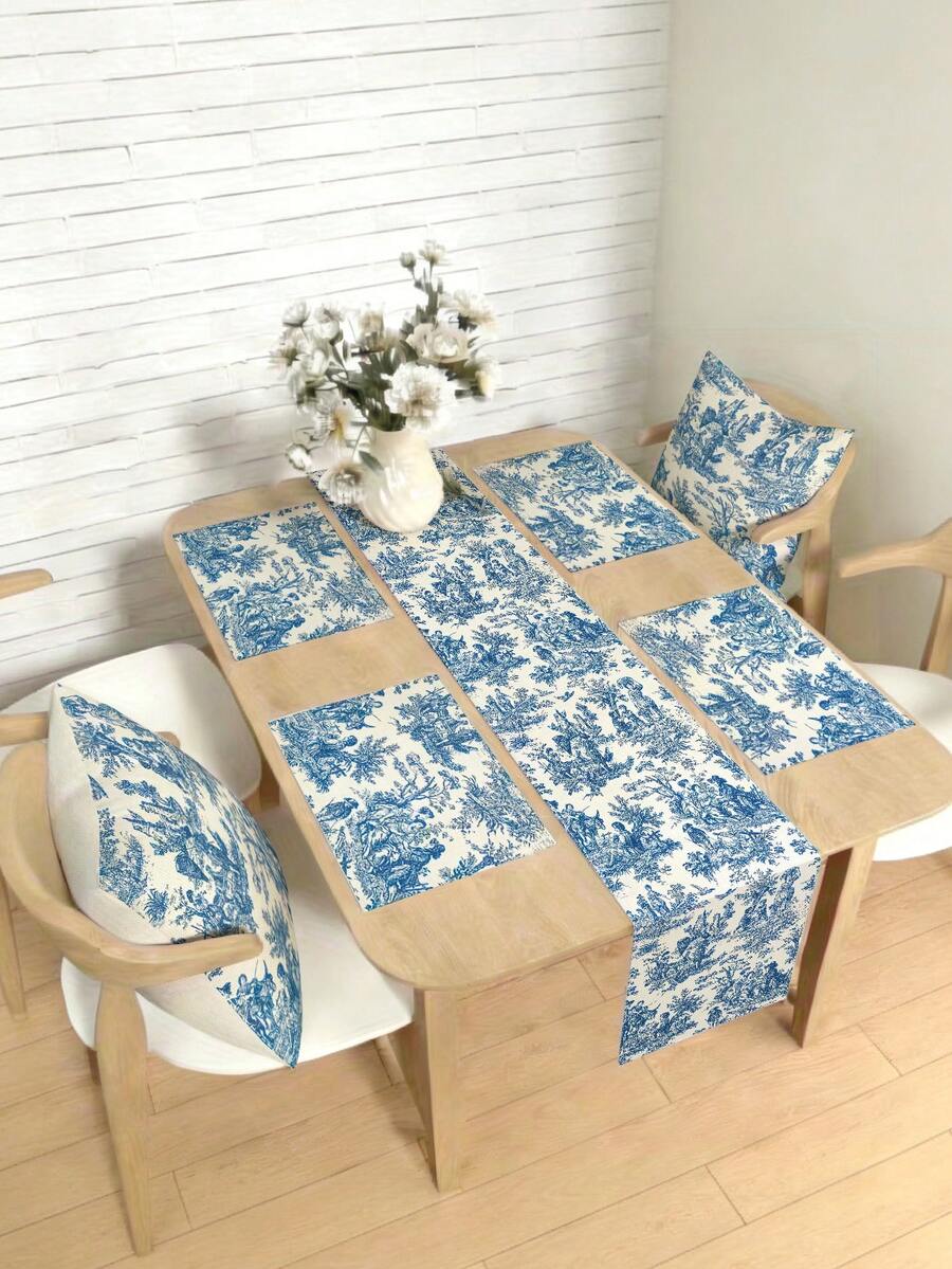 1/4/5/6/7件套法式乡村风蓝色亚麻桌布,适用于家居装饰套装、客厅装饰套装、卧室装饰套装、餐厅装饰套装,亚麻质感,多种尺寸可选,可作餐桌装饰、壁炉架装饰巾、餐垫、隔热垫等家居装饰。 - 彩色 - 查看 1