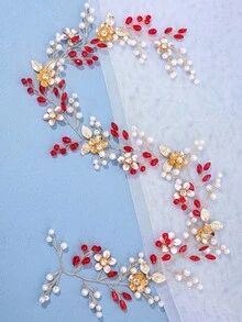 1件手工编织花卉发箍，森林风格长发饰，新娘婚礼装饰，夏季，海滩 - 紅色 - 查看 6