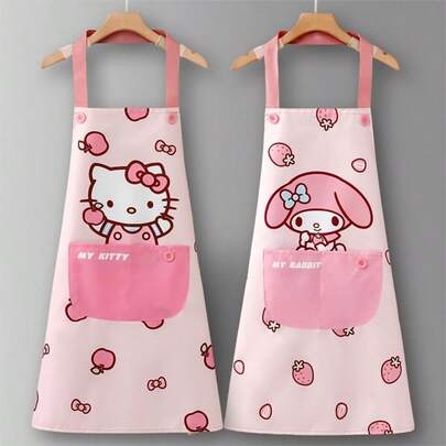 SANRIO مريلة مطبخ من البي في سي بتصميم هيلو كيتي وردي اللون مع جيوب، تصميم لامع، مناسبة للطهي المنزلي