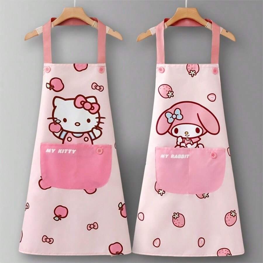 SANRIO Tạp dề nhà bếp Hello Kitty màu hồng bằng nhựa PVC có túi, thiết kế bóng bẩy, thích hợp cho việc nấu ăn tại nhà.