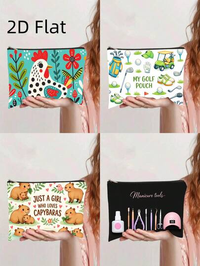 1 chiếc túi đựng đồ vệ sinh cá nhân in hình chủ đề dân gian dễ thương, bao gồm các họa tiết gà trống, dụng cụ chơi golf, chuột lang nước đáng yêu và dụng cụ làm móng, túi đựng đồ du lịch tiện dụng, túi đựng mỹ phẩm có khóa kéo, túi đựng văn phòng phẩm cho học sinh, túi đựng phụ kiện thời trang hàng ngày.