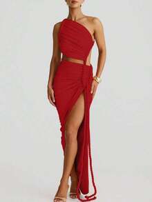 – Hot New Arrivals Women Summer Solid Patchwork Backless Side Slit Ruched Long Dress Bodycon Elegant Party Dress Prom - Đỏ - Xem 5