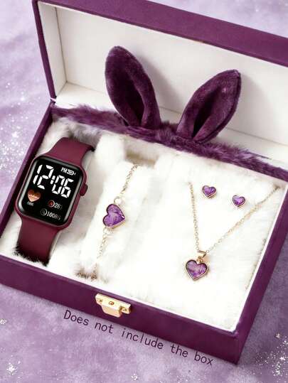 Bộ 5 món đồng hồ điện tử kỹ thuật số hình trái tim LED thời trang thanh lịch dành cho bé gái, thích hợp để đeo, kèm theo dây chuyền mặt dây chuyền hình trái tim, vòng tay và bộ bông tai, lý tưởng làm quà tặng sinh nhật/lễ hội cho bé gái, hoàn hảo cho mùa tựu trường, tiệc tùng, du lịch và cuộc sống hàng ngày. Mùa tốt nghiệp, Ngày Valentine, Ngày của Mẹ, món quà hoàn hảo dành cho bé gái.