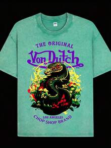 Mens Creative T Shirt And Shorts Set American Vintage Full Print Street Wear Essential Graphic T Shirt And Shorts Set With Dragon And Floral Design And Vonn Dutch Logo For Casual Outfits Print Washed T Shirt Set - 青碧色 - 查看 2