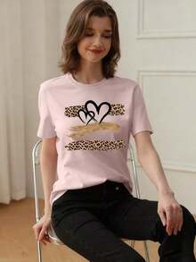 Summer TopsWomen's Summer New Simple Slogan Print Casual Vacation Style Loose Fit Round Neck Short Sleeve T-Shirt, Fashionable Everyday Top, Suitable - 淺粉色 - 查看 2