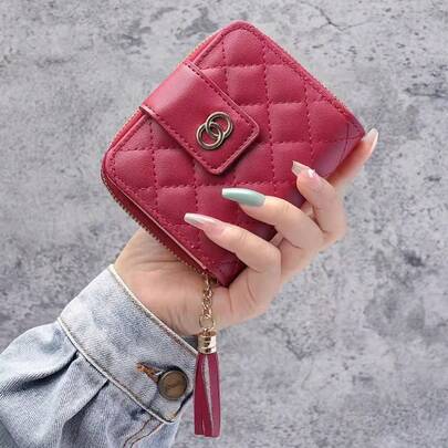 Women's Burgundy Soft Leather Quilted Zipper Wallet, Double Ring Tassel Chain Multi-Card Slots Coin Purse, Elegant Mini Daily Commute & Date Gift