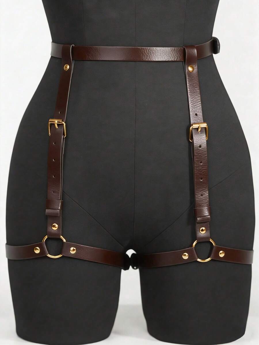1件女士性感咖啡棕色哥特风PU皮革吊袜带，适合夜店、锐舞派对、暗黑风格或派对装扮