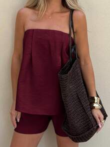 PoPoHouse Women's Summer Solid Color 2-Piece Set Casual Y2K Cute Tube Top + Wide Leg Shorts Outfit, Suitable For Vacation Beach, Daily Wear, Commute Office - Burgundy - View 7