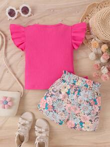 2pcs Baby Girls Cute Flutter Sleeve Printed Top And Shorts Set, Summer - View 3