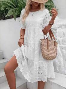 Woman Casual Women's Embroidered Hollow Short Sleeve Round Neck Ruffle Sleeve Waist Dress - 白色 - 查看 3