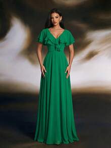 Smilprince 长款绿色伴娘礼服，V领，荷叶边袖，梭织面料 - 綠色 - 查看 4