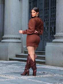 Women's Tailored Set Cropped Long Puff Sleeve And Short Skirt Elegant Party Fashion Autumn Winter - 鏽棕色 - 查看 3