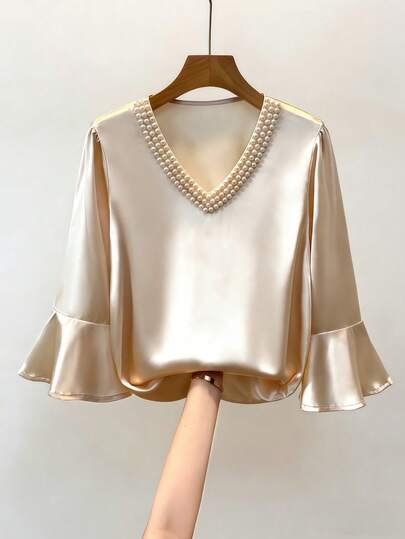 YUXIN Elegant Women's Summer Satin Blouse With Pearl Decor, V-Neck Flare Sleeve, Lightweight Office Work Shirt, Breathable Silky Fabric Top Spring