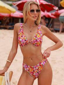 女士优雅印花扭结肩带比基尼两件式泳衣，甜美风格，适合海滩派对和夏季度假 - 彩色 - 查看 7