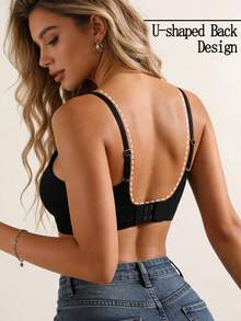 女士无缝提拉文胸，隐形文胸，可拆卸胸垫 - 黑色 - 查看 7