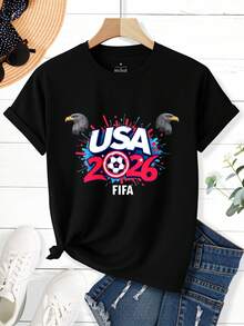 1pc World Cup Themed T Shirt With USA 2026  Soccer Themed Cartoon Print For Football Match Events 2D Flat Printing, 2D Flat - 黑色 - 查看 2