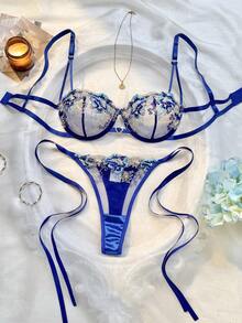 女士蓝色花卉刺绣薄纱文胸套装，心形吊坠钢圈内衣两件套 - 藍色 - 查看 1