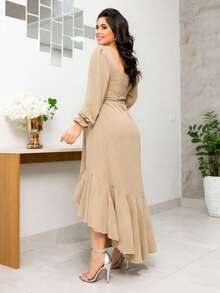 Women's Boho Chic Long Sleeve Midi Mullet Dress With Ruffles, Tailored Square Neckline, Spring/Summer, Christian Evangelical Fashion REF: Angela - 米色 - 查看 2