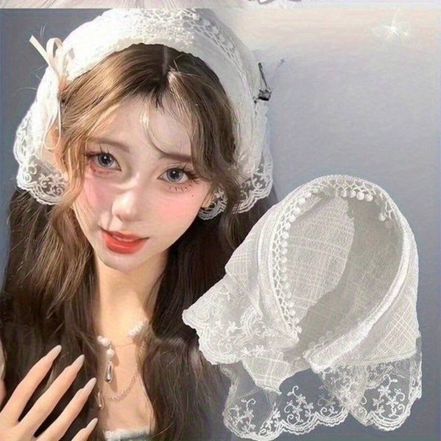 1pc Elegant White Lace Headband And Scarf - French Triangle Design With Floral Pattern, Lightweight Mesh Material, Perfect For Women's Hair Accessories, Multifunctional Headwear |     Floral Lace Design |     Lightweight Headband - 1 - Xem 1