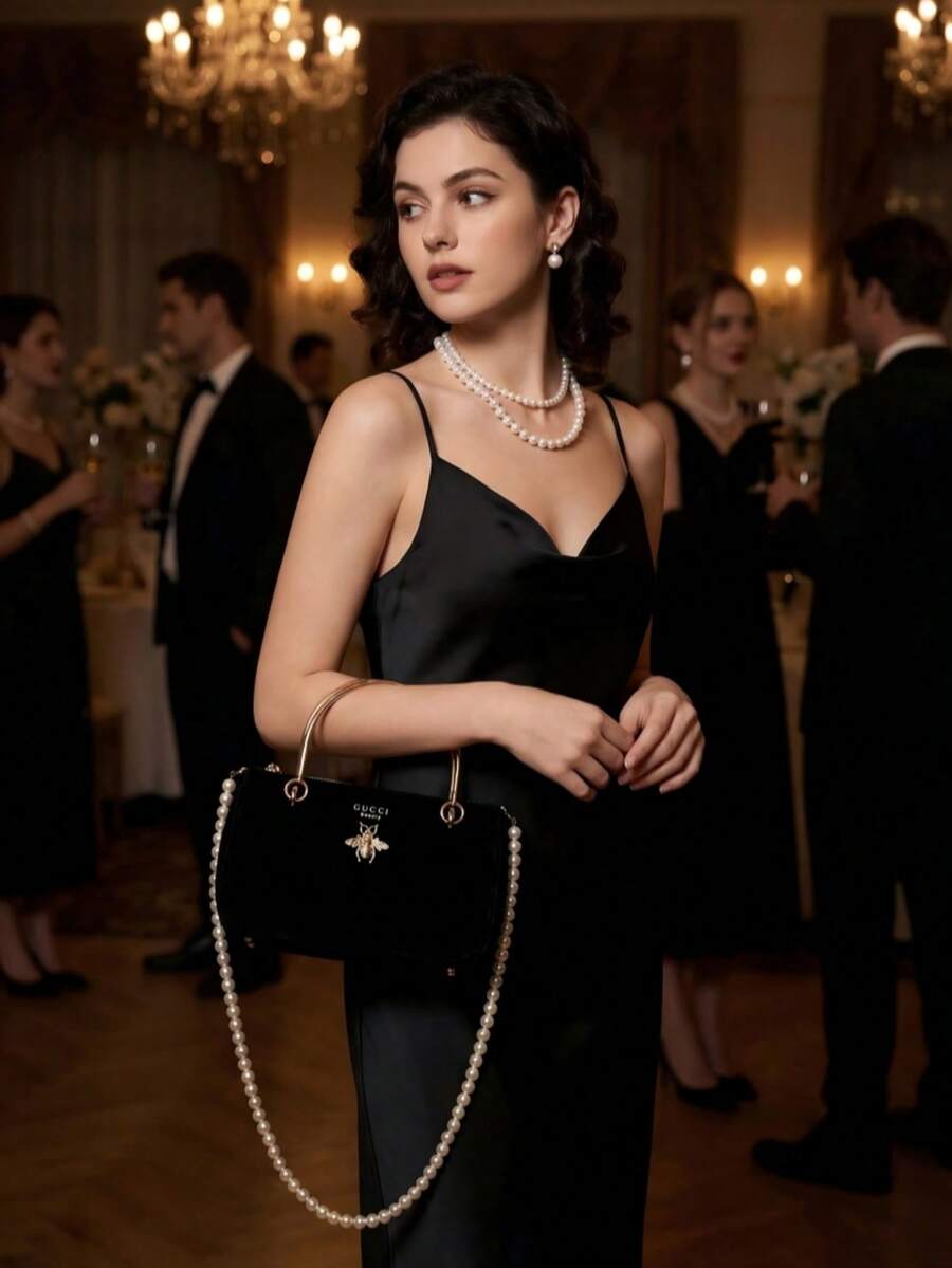 Gucci 1个迷你双提手酒红色丝绒单肩包 - 奢华优雅风格，饰有蜜蜂标志和珍珠链条，长方形设计，多功能晚宴包，适合婚礼和派对场合 - 黑色 - 查看 1