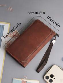 Men's Black Faux Leather Long Wallet - Detachable Wrist Strap, Zipper Closure, Fits Phone, Multiple Card Slots, Spacious For Daily Use - Khaki - View 8
