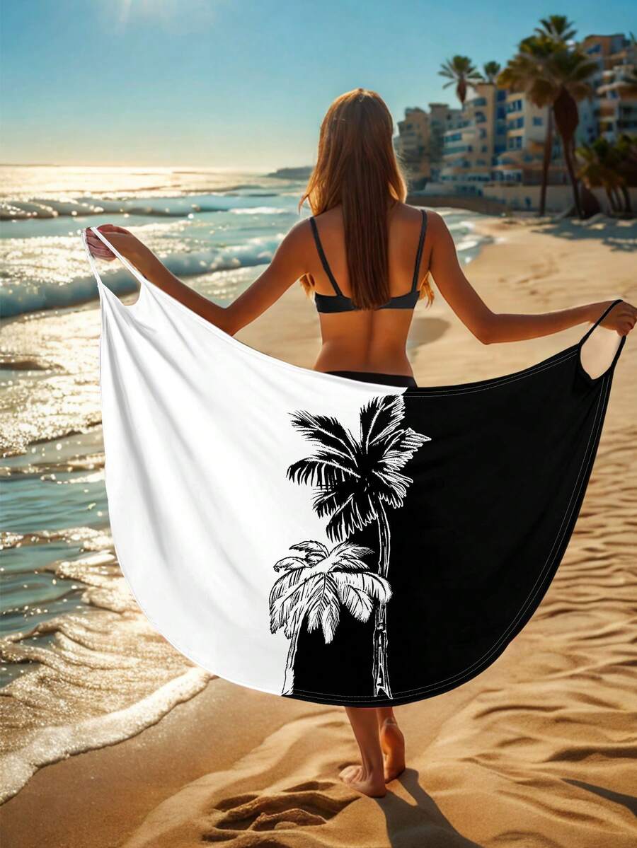 Gaun Maxi Ringan dan Longgar untuk Liburan Musim Panas, Cocok untuk Wanita, Cocok untuk Penutup Pantai Motif Pohon Palem Hitam Putih dan Longgar - MultiWarna - View 1