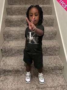 1PC Shirt, Boys' Cotton Round Neck T-Shirt, Casual And Comfortable Spring And Summer Short-Sleeved Printed Top - Black - View 2
