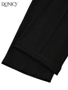 DONICY Quần nữ mùa xuân/hè mới về, màu đen trơn, cạp cao, ống rộng, dáng suông, có túi, kiểu dáng thời trang retro thanh lịch tối giản, đa năng, phù hợp cho mặc hàng ngày, công sở, đi làm, hẹn hò, mua sắm, triển lãm và các dịp khác. - màu đen - Xem 3