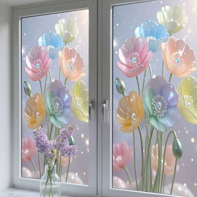1/4pcsBeautiful Floral Frosted Privacy Window Sticker, Reusable PVC Electrostatic Adsorption, Suitable For Bathroom, Office, And Study Decoration, Heat Insulation And UV Protection.