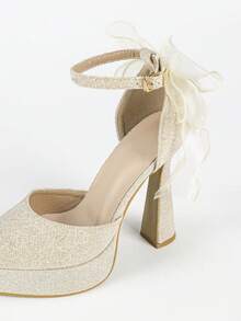 Women's High Heel Sandals, Platform, Pointed Toe, Bow Decor, Strap, Satin, White Closed Toe, Comfortable & Breathable, Suitable For Daily Wear & Dates - Light Gold - View 8