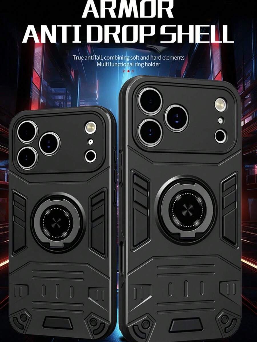 适用于 17 Pro Max/17 Air/17/17 Pro/16/15 Pro/Pro Max Plus、Galaxy S25 Edge Ultra Plus 的 TPU+PC 金属支架保护壳，支持 360° 旋转、防摔保护，可横向和纵向放置 - 黑色 - 查看 1