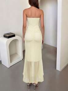 DOUCIU French Style Sheer Fitted Strapless Sexy Dresses With Irregular Ruffles Beach Vacation Outfit - Apricot - View 2