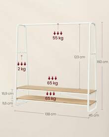 VASAGLE Kleiderständer, Garderobenständer, Garderobe, 2 Ablagen, 6 Haken in S-Form, Stahlgestell, 45 x 138 x 160, für Schlafzimmer, Flur, Eingangsbereich, naturbeige-mattweiß RGR119W09 WIRH - Ebenholzschwarz + Mattschwarz - Übersicht 11