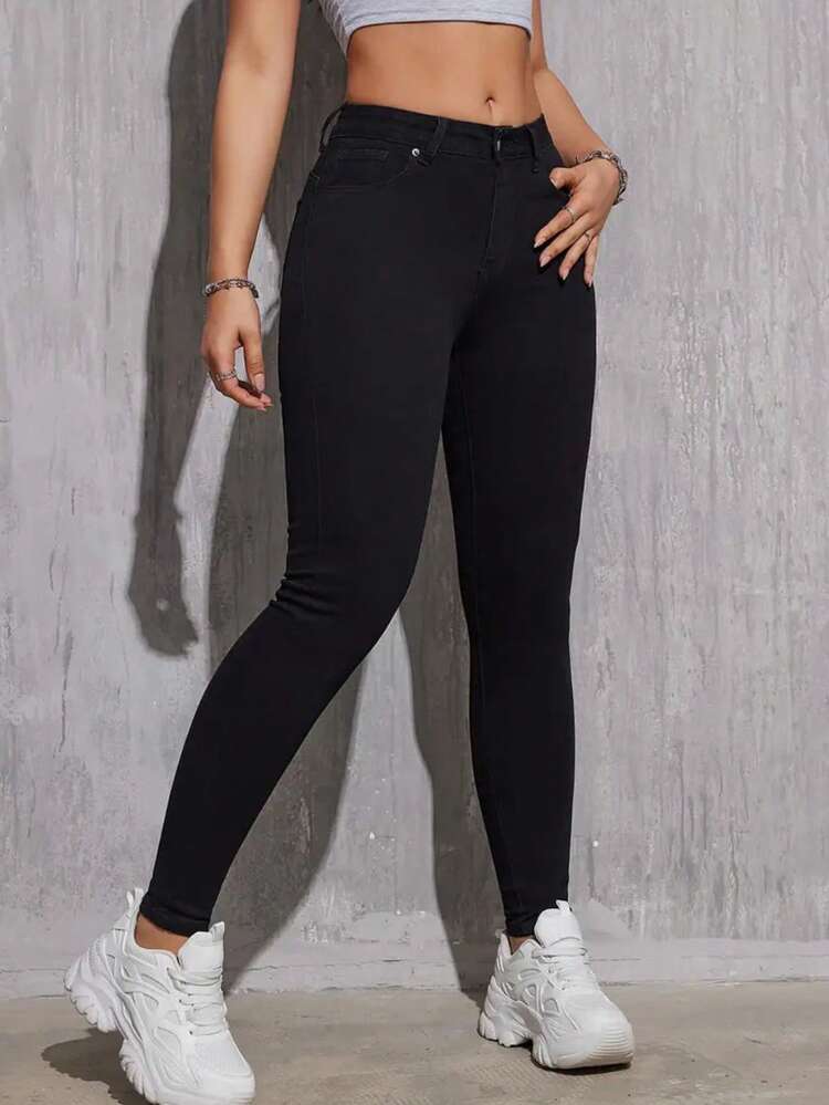 Women's Solid Color Front Button Pocket Casual Skinny Jeans, Black Washed Denim, Stretchy Fabric, Comfortable Fit, Suitable For Daily Commute And Dates Spring - Black - View 4