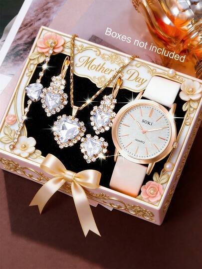 SOKI SOKI 1 Set Mother's Day Women's Watch Set, Fashionable Elegant Round Dial Quartz Watch With Heart-Shaped Pendant Necklace, Earrings, Ring And Bracelet. This Jewelry Set Is Suitable For Daily Wear, Birthday Gift, Back To School, Thanksgiving And Romantic Occasions, Best Choice (Excluding Gift Box)