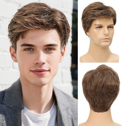 Men's Light Brown Textured Short Curly Wig - 120g Heat-Resistant Fibers, Light Brown, Stylish And Age-Reducing, Easy To Wear And Style With A Wig Cap, Suitable For Cosplay And Daily Use