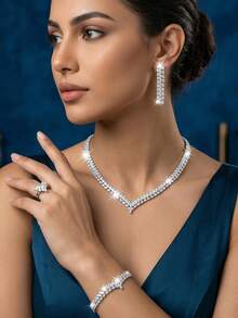 Bộ trang sức hình trái tim, hình học, hình thoi dễ thương đính đá Cubic Zirconia, thích hợp làm quà tặng Ngày Valentine cho phụ nữ. - Bạc - Xem 5