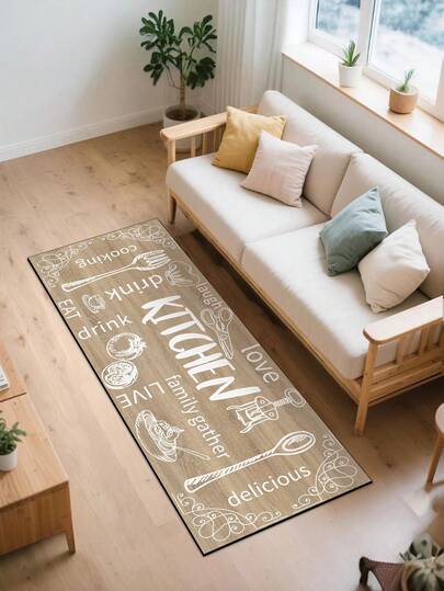 3.5毫米厚吸水橡胶厨房垫，美式乡村复古风格厨房装饰地毯，浅木色底色搭配纯白色厨房用具图案，可裁剪以适应厨房尺寸，由表面布料、中间海绵层和底部橡胶层组成，适用于厨房、客厅、卧室、儿童房、鼠标垫、浴室、玄关、户外、阳台、走廊等家居空间。