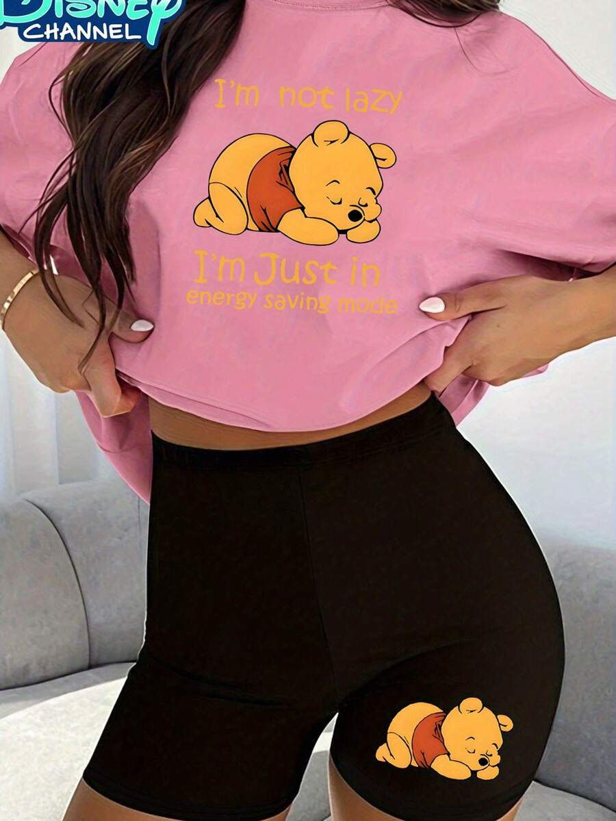 Disney Authorized Two-Piece Set, Winnie The Pooh Sleeping Cartoon Print, Women's Casual T-Shirt And Yoga Pants Suit, Suitable For Summer Travel, Home Leisure, Disney Authorized Fashion Joker Soft And Comfortable Sports Suit. - Hồng - Xem 1