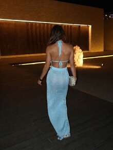 新款春夏优雅蓝色系带吊带长裙，性感镂空V领，露背修身长裙，荷叶边高开衩下摆，波西米亚风，适合海滩度假、海滩派对、泳池派对、毕业典礼、约会之夜、假日出游等场合。 - 藍色 - 查看 5