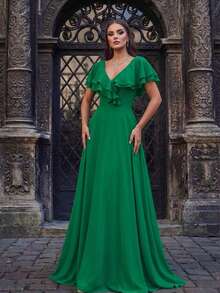 Smilprince 长款绿色伴娘礼服，V领，荷叶边袖，梭织面料 - 綠色 - 查看 9