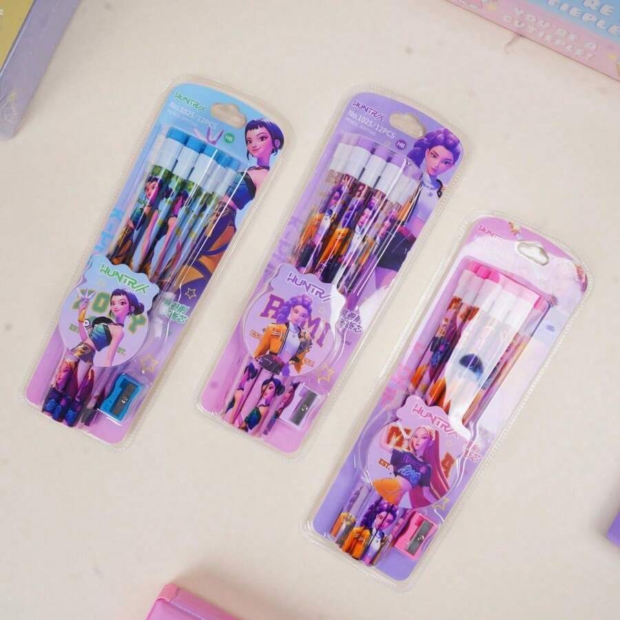 Hasbro K-POP 女巫狩猎主题 HB 铅笔套装，包含 12 支铅笔和 1 个随机铅笔刀，动漫风格，美观大方，适合学生、儿童、生日、返校、派对、复活节等场合作为礼物。 - 彩色 - 查看 1