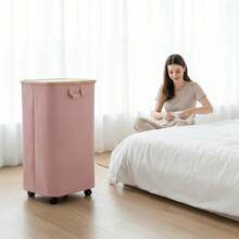 Laundry Hamper With Wheels And Lid, 100L Rolling Clothes Basket With 4 Wheels 2 Locking, Bamboo Handle & Frame Always Upright, Collapsible For Bedroom Bathroom Dorm RV Camping, Pink - 粉色 - 查看 7