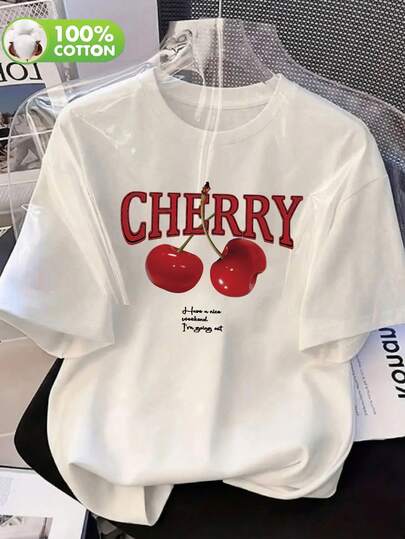 女士休闲复古风“樱桃”做旧印花圆领短袖T恤，饰有成熟红樱桃图案，适合返校、度假、夏季、春季等场合。