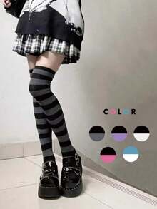Women's Striped Over-The-Knee Socks, Fashionable Colorful Stripes, Long Socks, Girls' Socks, Party Socks, Dance Socks, Punk Style, Rock Star Style, Suitable For Daily Wear, Y2k, Comfortable. - 紫色和黑色條紋 - 均碼 - 查看 4