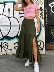 Women's Solid Color Ruffle Hem Slit Hem Skirt, Fashionable & Versatile Spring - Green - View 3