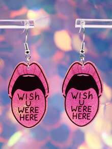 一对时尚创意可爱粉色唇形“WISH U WERE HERE”亮片亚克力耳环，适合日常通勤、度假、派对等场合。 - 多色2 - 查看 13