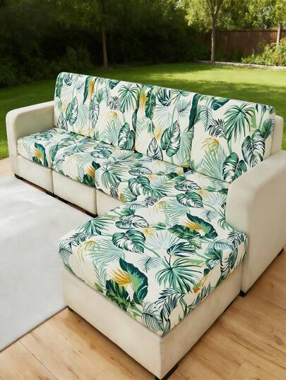Vỏ gối sofa bằng lụa sữa co giãn, họa tiết lá cây bao phủ toàn bộ bề mặt, phù hợp cho phòng khách, sử dụng được cả bốn mùa, trong nhà và ngoài trời.