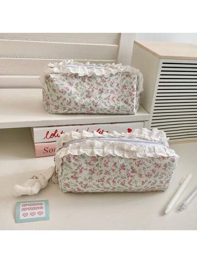 Korean Lace Floral Women's Makeup Bag, Wash Bag, Pencil Case, Women's Portable Large Capacity New High-Value Student Pencil Case, Pencil Storage Bag